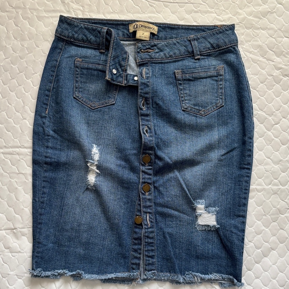 Democracy Denim Button-Front Distressed Pencil Skirt - Dark Blue